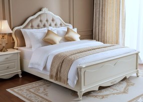 Bogato zdobione łóżko ecru 140x200 cm, zagłówek tapicerowany, pikowany kryształkami. Piękne eleganckie łóżko glamour do stylowej sypialni.