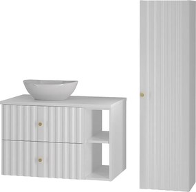 Biały Zestaw Łazienkowy 80cm Szafka z Blatem Umywalka Regał Słupek Ryflowane Fronty Aqua