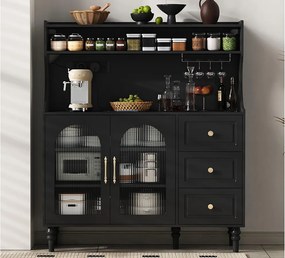 Nowoczesny bufet kuchenny 120x40x138.5cm - z gniazdkiem i uchwytami do kieliszków do wina - z 3 szufladami i 2 drzwiami - Czarny