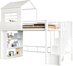 Łóżko na antresoli 90x200 cm - z barierkami bezpieczeństwa - z półkami do przechowywania - z drabiną bezpieczeństwa - biały​ (materac nie jest wliczony w cenę)