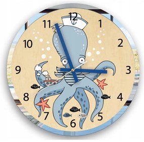 Zegar na ścianę cichy do pokoju dziecięcego drewniany nowoczesny ośmiornica