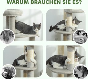 PawHut Drapak 114 cm wieża dla kota z kryjówką, słupki sizalowe, platforma, wielopoziomowy dla średnich kotów do 6 kg, Jasnoszary