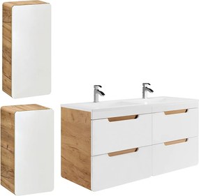 Wisząca szafka łazienkowa z umywalką wpuszczaną w blat i dwoma słupkami - 120 cm - Naturalny i biały - ARUBA