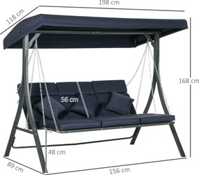 Outsunny Hollywoodzka Huśtawka Ogrodowa na 3 Osoby z Regulowanym Dachem Texteline Komfort i Styl Granatowy Czarny 198x118x168cm | Aosom PL