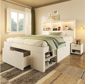 Łóżko pojedyncze drewniane z pojemnikiem - 90 x 200 cm - z wyjmowaną szafką nocną + diody LED + USB + szuflady + półki - białe