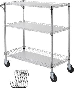 Wózek Kuchenny, SucceBuy 3-Poziomowy Wózek Narzędziowy z Kółkami 89 × 46 × 90 cm 300 kg 6 Haczyków