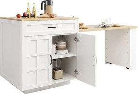 Wyspa kuchenna, stół jadalny dla 4-6 osób - 2 szuflady, 2 drzwi i półki - 133/202 x 70 x 93,5 cm - MDF - Biały