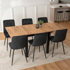 Zestaw Stół Kwadratowy Rozkładany MAX 80-160 cm Dąb Craft/Czarny i 6 Krzeseł ROBIN Czarnych Welurowych