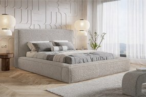 Łóżko dwuosobowe 140x200 Karano z lamówką - pojemnik i stelaż metalowy - boucle, jasny szary (Catch Me 24)