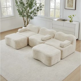 Canapé d'angle panoramique en velours, avec 2 pouf et coussin d'accoudoir, 288x167x70cm, Beige