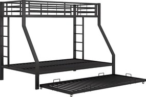 Łóżko piętrowe 90/140x200cm z łóżkiem wysuwanym 90x190cm - metalowa rama - Czarny