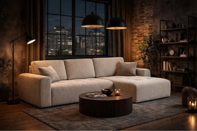 Narożnik w kształcie L z funkcją spania i pojemnikiem Ivo L, tkanina sztruksowa Poso, Beżowy, Prawy