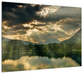 Obraz na szkle jeziora, przez które prześwieca słońce (70x50 cm)