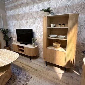 Owalna szafka RTV do salonu ryflowana Fabia 140 cm, dąb/trawertyn