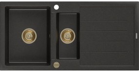 Mexen Andres zlewozmywak granitowy 1,5-komorowy z ociekaczem 1000 x 500 mm czarny/złoty metalik, syfon złoty - 6515101510-75-G
