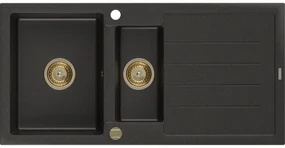 Mexen Andres zlewozmywak granitowy 1,5-komorowy z ociekaczem 1000 x 500 mm czarny/złoty metalik, syfon złoty - 6515101510-75-G