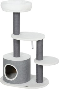 PawHut Drapak z 1 budką dla kota, 1 legowiskiem, 2 platformami, słupki owinięte jutowym sznurkiem, Biały + Szary