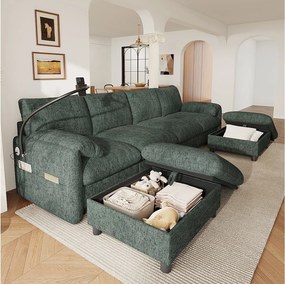 Modułowa sofa narożna 6-osobowa z 2 pufami ze schowkiem, portami USB/typu C i uchwytem na telefon - Chenille - 273,5 x 133 x 81 cm - Zielona