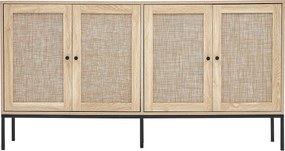 Szafa Magazynowa SucceBuy Szafa z Rattanu z 4 Drzwiami Magnetycznymi i Regulowanymi Półkami, na Korytarz, Salon, Kuchnię - Wykończenie Naturalne