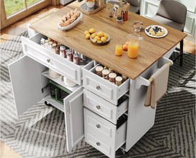 Nowoczesna wyspa kuchenna 130×45×92 cm - z 5 szufladami i 2 drzwiami - rozsuwana blata - z kółkami - biały