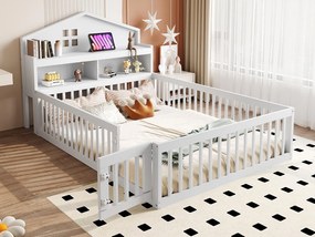 Łóżko dziecięce 140x200cm z drewna - z półkami i siatką ochronną - z stelażem na listwy - Białe