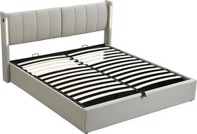 Łóżko z tapicerowanym zagłówkiem z ekoskóry - 180x200cm - z portem USB i LED - zagłówek z regulowanym kątem - Szary