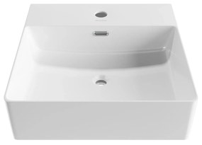 Umywalka nablatowa / wisząca kwadratowa biała z otworem i z półką na mydło 42 x 42 cm SANYA z cienkim rantem typu Slim