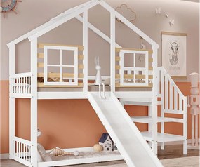 Łóżko piętrowe 90x200cm z litego drewna sosnowego - z drabinką i zjeżdżalnią - Białe