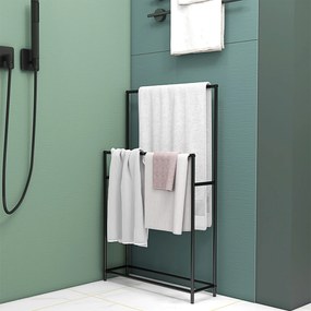 HOMCOM Stojak na ręczniki, wolnostojący, 2 drążki, odporny na rdzę, 66x20x110cm, Czarny
