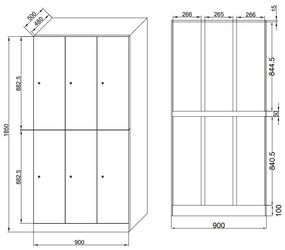 Szafka skrytkowa, 6 schowków, 1850 x 900 x 500 mm, zamek cylindryczny, drzwi laminowane, brzoza