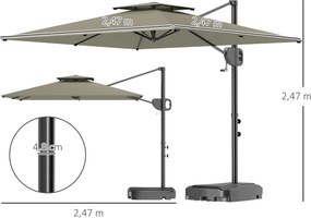 Outsunny Parasol wysięgnikowy 247 x 247 cm regulowany z podwójnym daszkiem, korba, stojak, wodoodporny Jasnoszary | Aosom PL