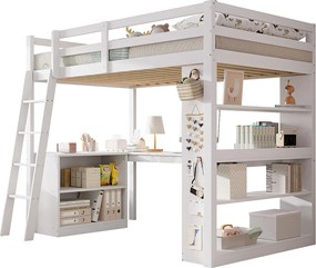 Łóżko antresolowe 90×200 cm - z biurkiem - z półką przechowawczą - z drabiną bezpieczeństwa - drewno lite + MDF - białe (bez materaca)