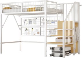 Łóżko mezzanine 90x200 - z oświetleniem LED - z drabiną do przechowywania - z otwartą szafą - białe (bez materaca)