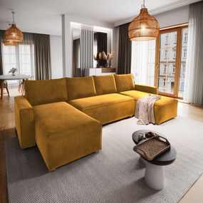 Masseno Narożnik DENI z funkcją spania i pojemnikiem na pościel Narozniki U, Rozkładana sofa - Żółty, MONOLITH 48