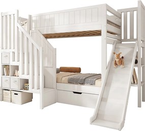 Łóżko piętrowe dla dzieci 90x200cm - ze zjeżdżalnią i drabiną z pojemnikami - z 1 szufladą i otwartymi półkami - Biały​ (materac nie jest wliczony w cenę)