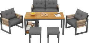 Zestaw jadalniany ogrodowy 6 osób - 4 fotele - 1 stół - 2 taborety - z żelaza ocynkowanego - w zdejmowalnym i zmywalnym materiale - Szary