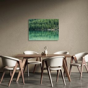 Obraz na szkle - drzewa iglaste nad jeziorem (70x50 cm)