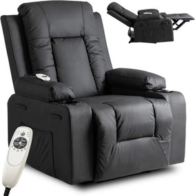 Fotel Masujący BOX Rozkładany Wypoczynkowy z Podnóżkiem Czarny Ekoskóra Nowoczesny