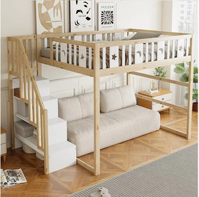 Łóżko piętrowe dla dzieci - 140 x 200 cm - ze schowkiem w klatce schodowej + barierka zabezpieczająca - drewno + MDF - kolor biały + naturalny