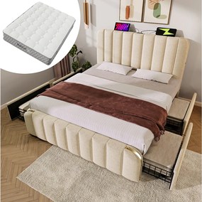 Łóżko tapicerowane dwuosobowe - 180 x 200 cm - z zagłówkiem + USB + 4 szuflady - pościel - beżowe (z materacem)