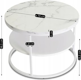 Stolik Kawowy z Półką BEST 70 cm Biały Marmur/Biały Japandi