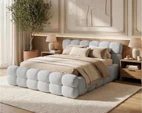 BESILIO Łóżko tapicerowane boucle 180x200 Roma - gruba pianka, pojemnik i stelaż - Jasnoszary