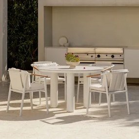 Zestaw Okrągłych Stołów Arken O Średnicy 120 Cm, Z Ceramiki I Aluminium Oraz 4 Krzesła Ogrodowe Yervin Z Podłokietnikami, Z Alum Bouclé Kolory Natural