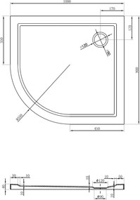 Mexen Flow brodzik półokrągły asymetryczny slim prawy 100 x 90 cm, czarny mat - 46Q709010R