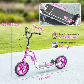 AIYAPLAY Hulajnoga dziecięca z regulowaną kierownicą, dużymi kołami, stojakiem do parkowania, hamulcem ręcznym, dla dzieci w wieku 5-12 lat, różowa