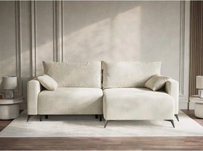 Kremowy rozkładany/ze schowkiem narożnik z tkaniny szenilowej (prawostronny/z szezlongiem) Leon – Maison de Rêve