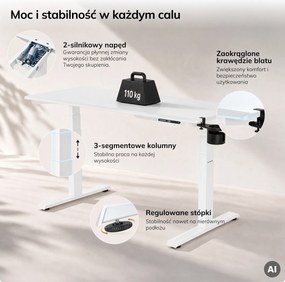 Biurko elektryczne z regulacją wysokości ergonomiczne białe,1600x800 mm: ARIA