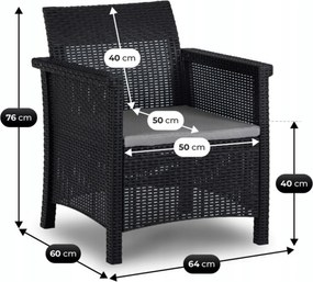 Zestaw mebli ogrodowych Selvo 089 - sofa 2-osobowa, 2 fotele i stolik kawowy, czarny/szary