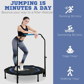 HOMCOM Trampolina fitness, składana, z regulowanym uchwytem, Ø102x123H cm, do 100 kg, Czarna/Niebieska