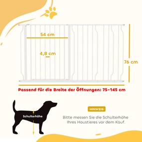 PawHut Bramka Ochronna dla Psów, Regulowana 75-145cm, Montaż Bez Wiercenia, Stalowa Rama, Biały